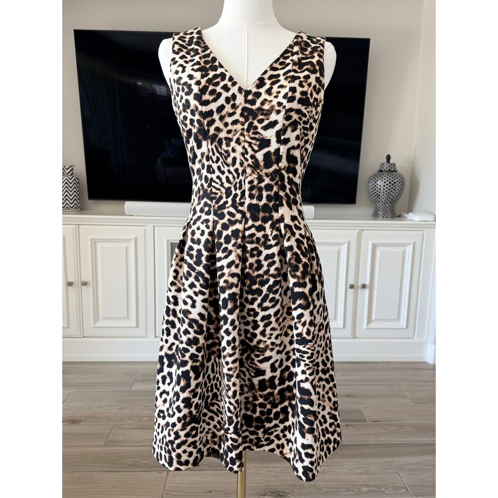 Vince Camuto Leopard Print Fit & Flare Dress, Size 8, V-Neck Sleeveless